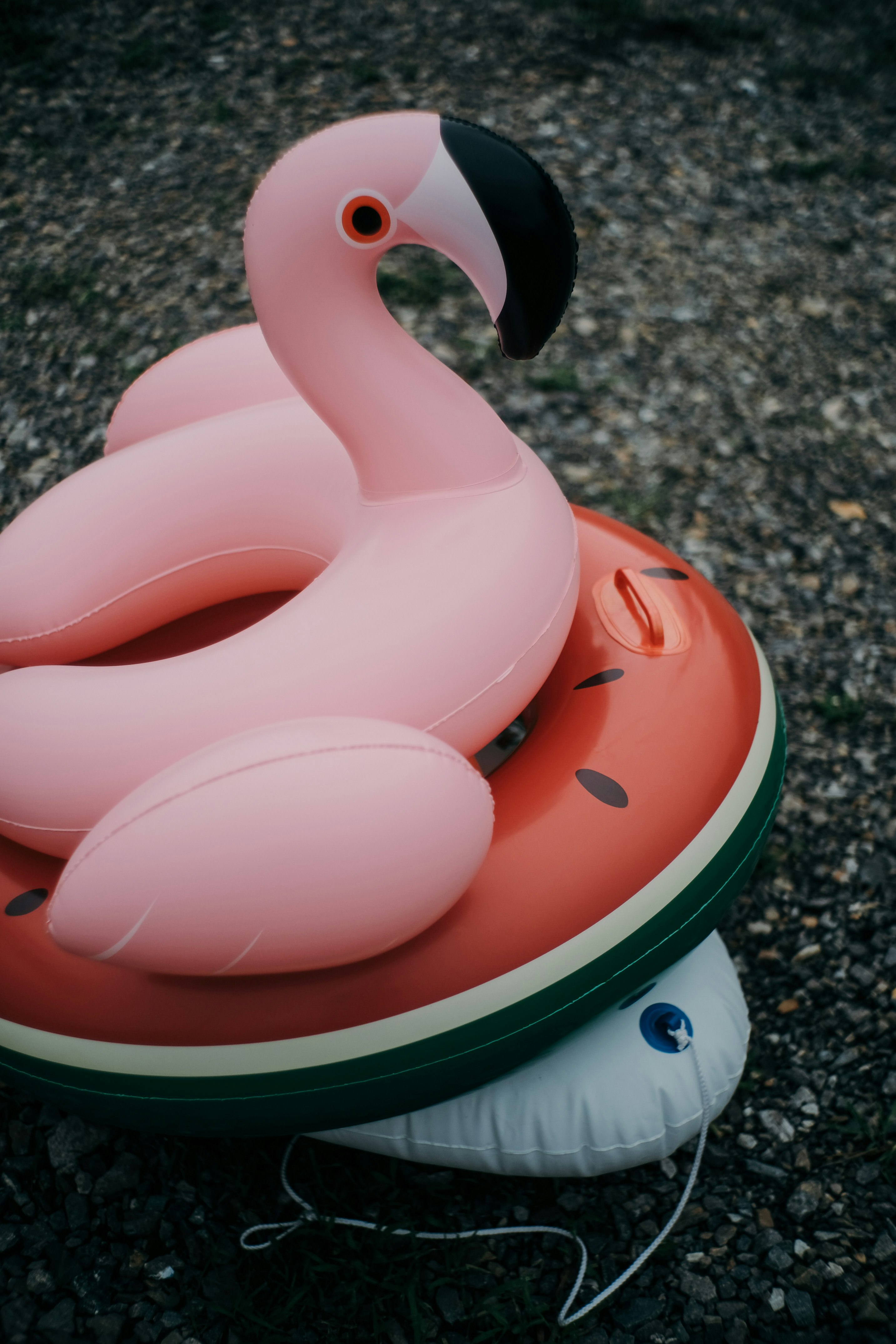 pink and white inflatable flamingo